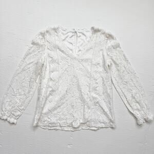 White Lace Long Sleeve Blouse V-Neck Sheer Lined, Size Small
